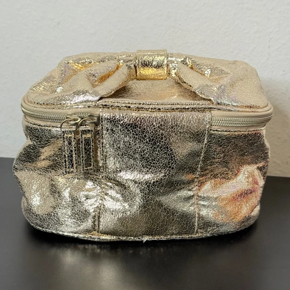 Victoria's Secret Cosmetic Bag Gold Metallic Crackle Bow Vanity Case Makeup Bag